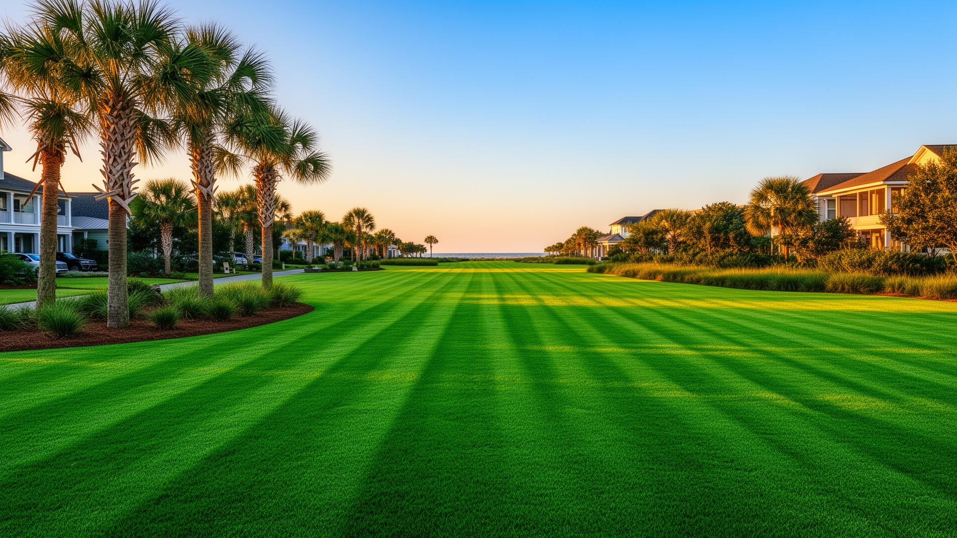 Lush emerald green lawn with palm trees, coastal North Carolina